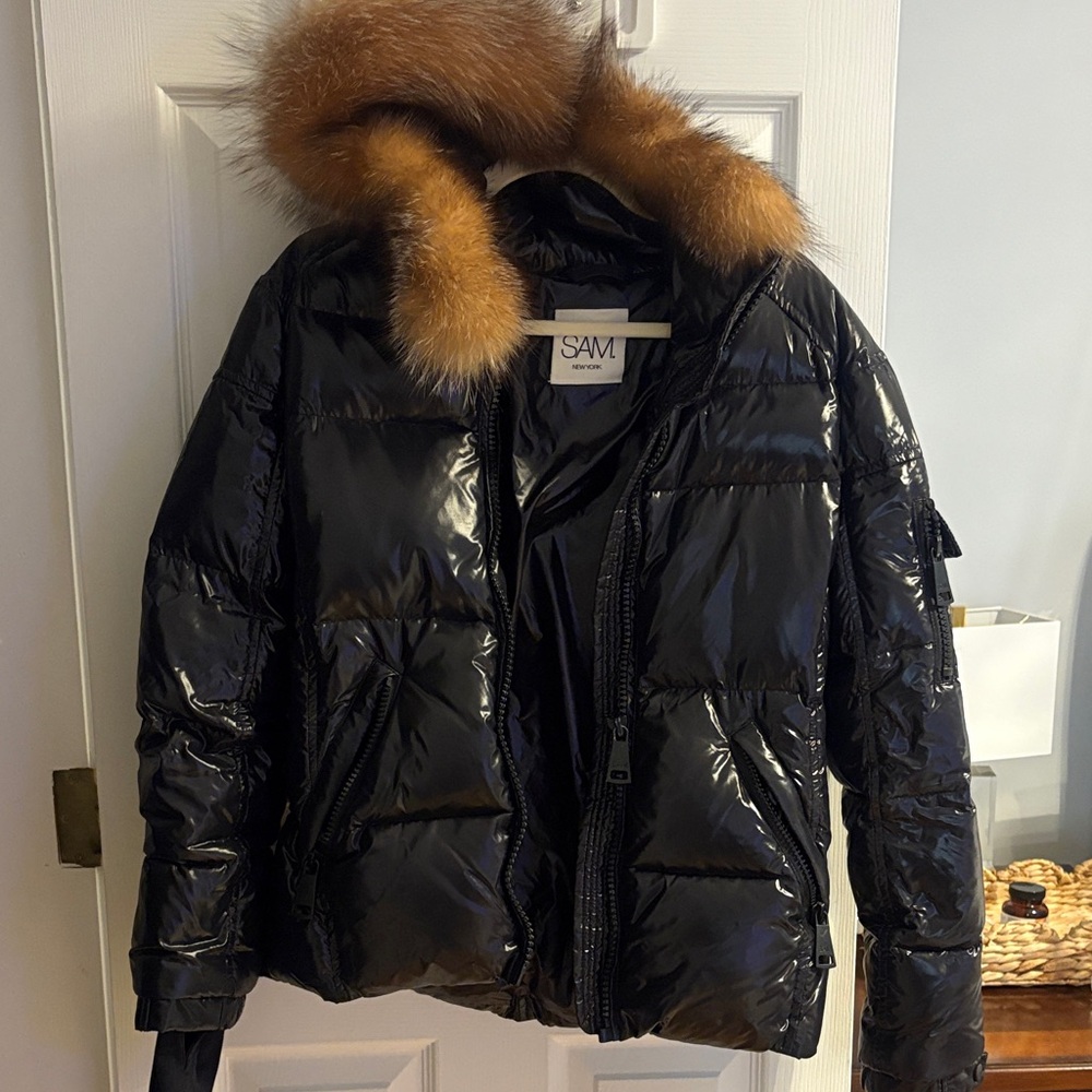 SAM. Black Shiny Puffer Jacket with Brown Fur-Trim Hood